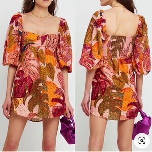 Kourt 🌴Robbie Palm Eyelet Puff Sleeve Mini, Peach/Orange/Pink/Green. Small. NWT